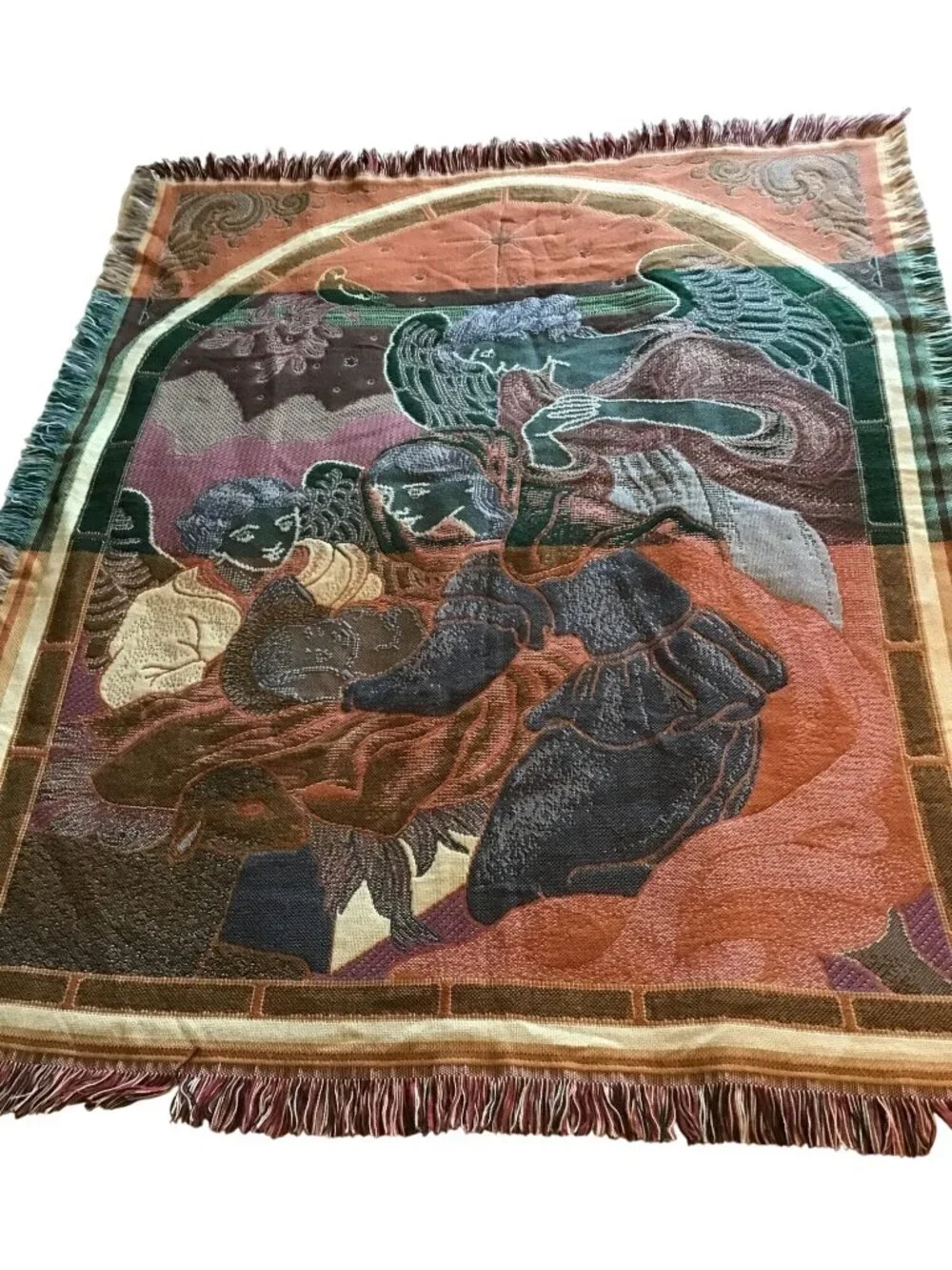 Guardian Angel Woven Tapestry Fringed Edges Vintage Throw Blanket 50 x 62